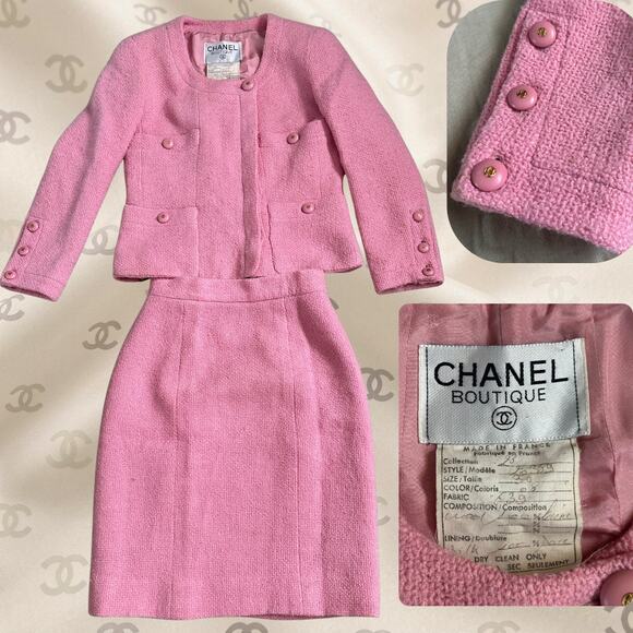 CHANEL Jackets & Blazers - Vintage 90s Chanel XS Baby Pink Tweed 100% Wool + Silk Suit Set Blazer + Skirt